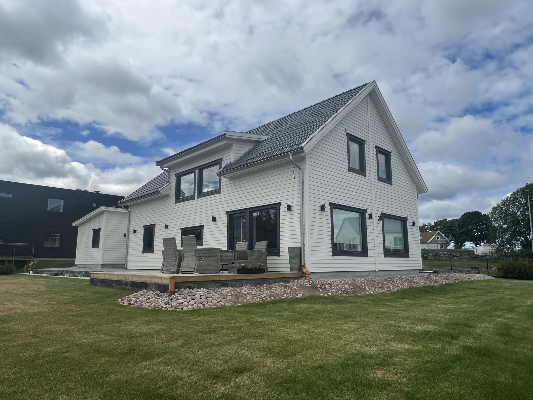 White two-storey villa with a terrace and lawn, Landvetter, original