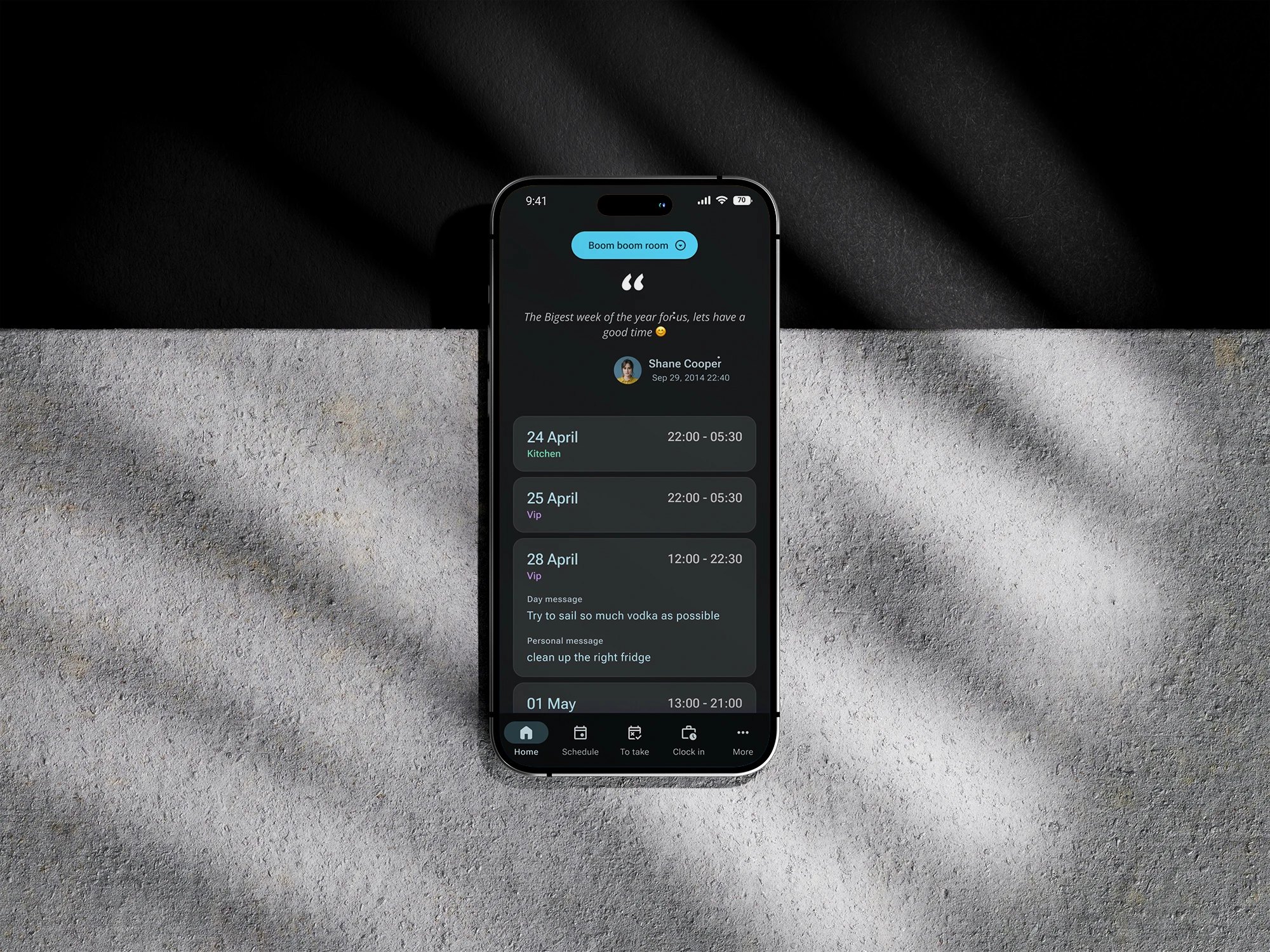 Dallero app in dark mode showing a manager's message and upcoming shifts on 24, 25 and 28 April