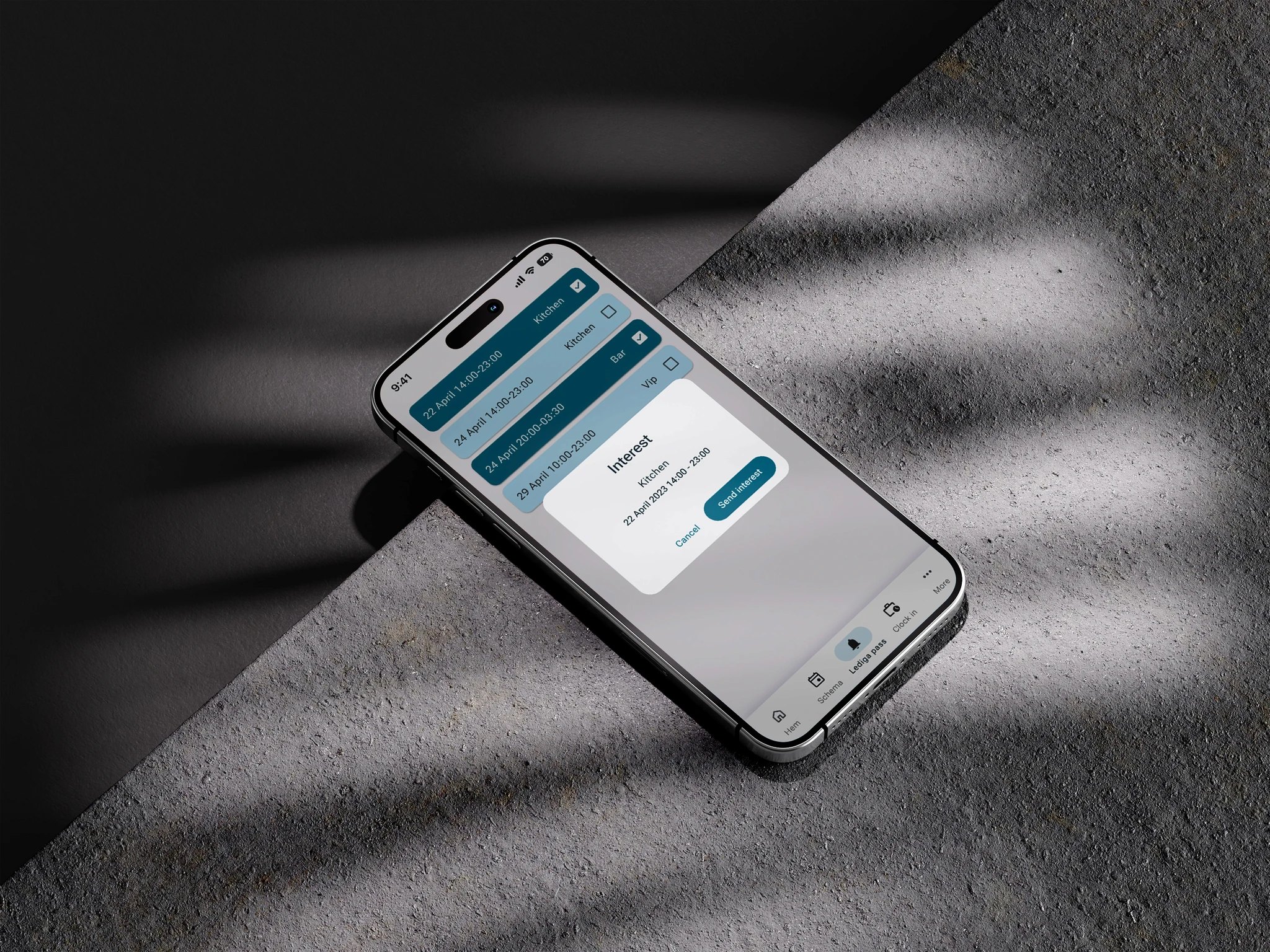 Dallero app in light mode with a dialog to show interest in an open kitchen shift