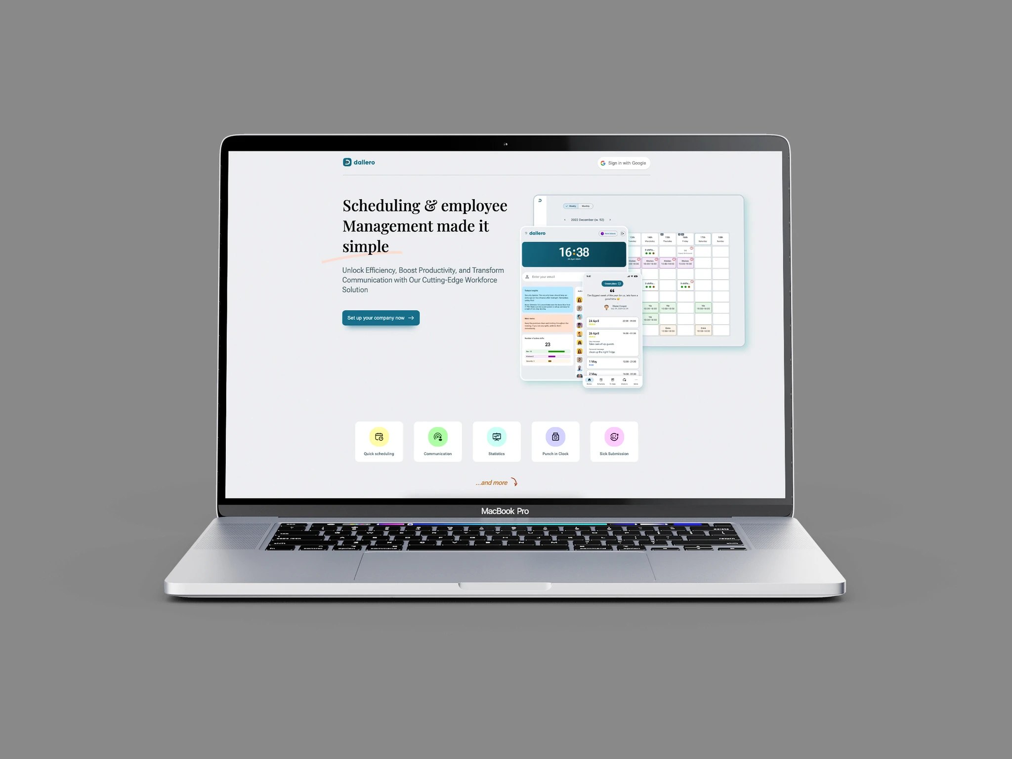 Dallero website on a laptop: Scheduling and employee management made simple, with the punch clock and schedule views