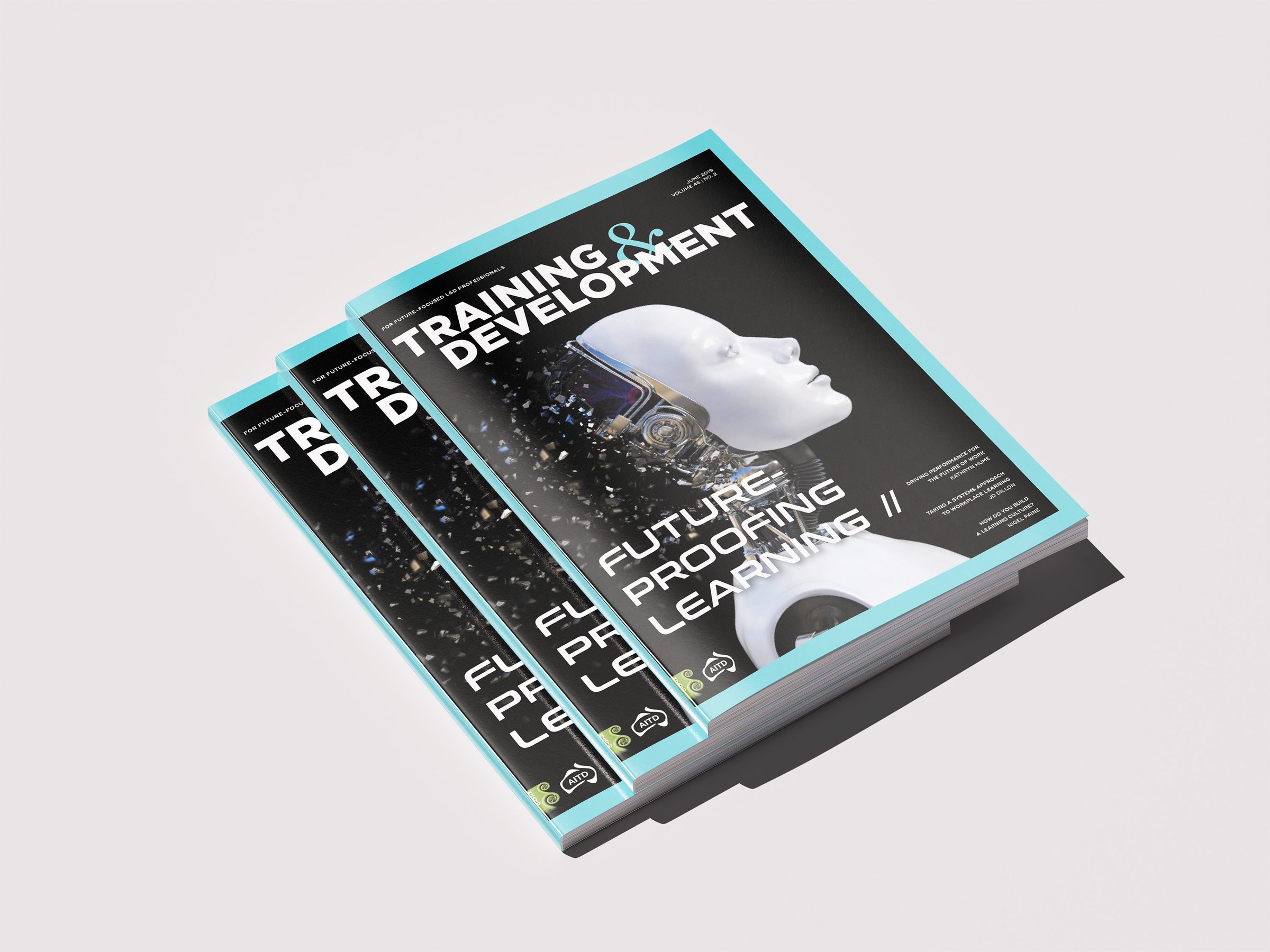 Stack of Training & Development magazine covers with the Future-Proofing Learning issue on top