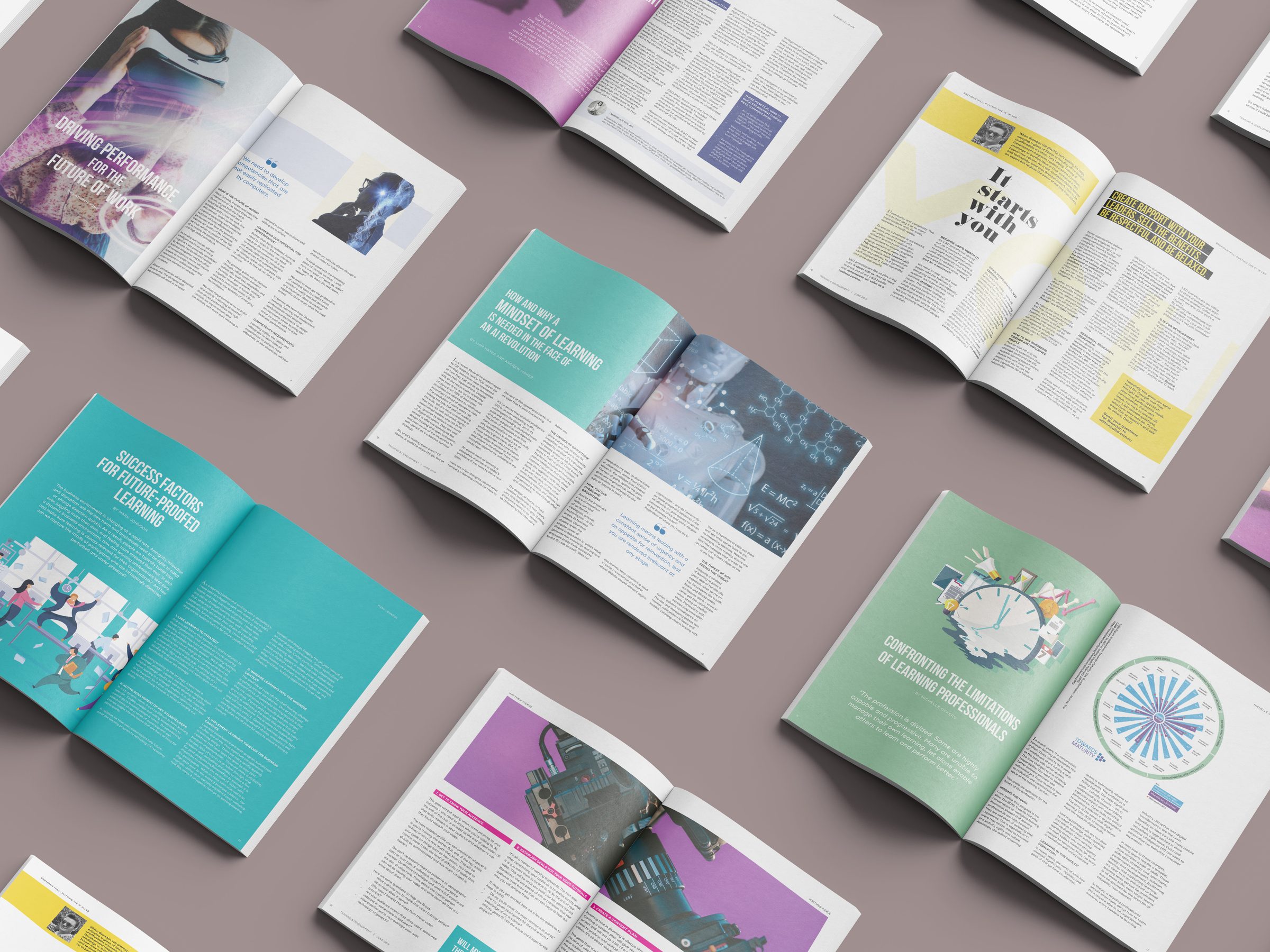Overhead view of many open spreads from the magazine, each in its own colour