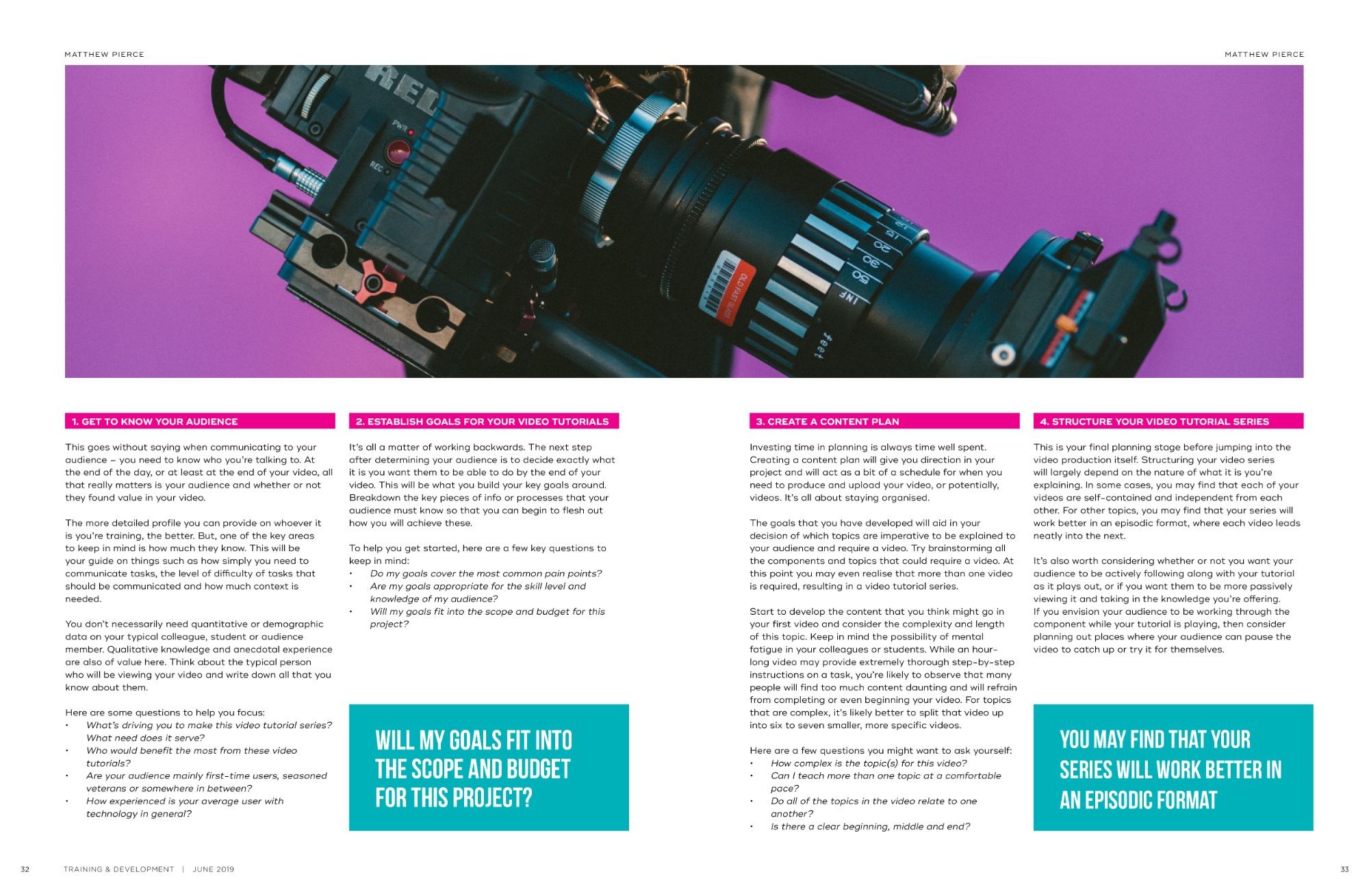 Flat spread on planning video tutorials: a full-width camera photo on purple, four numbered section heads in magenta and two teal pull-quote callouts