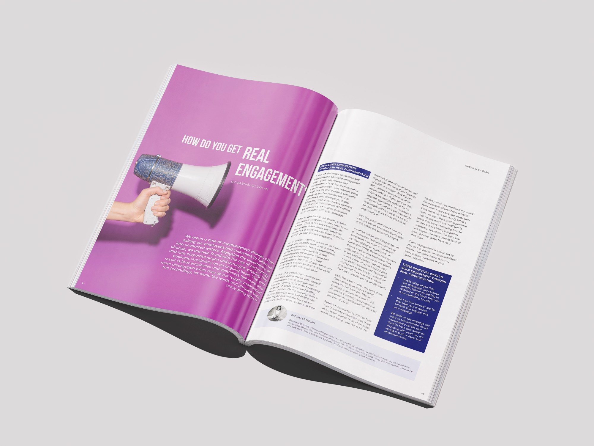 Spread titled How do you get real engagement?, with a megaphone on a purple opener page