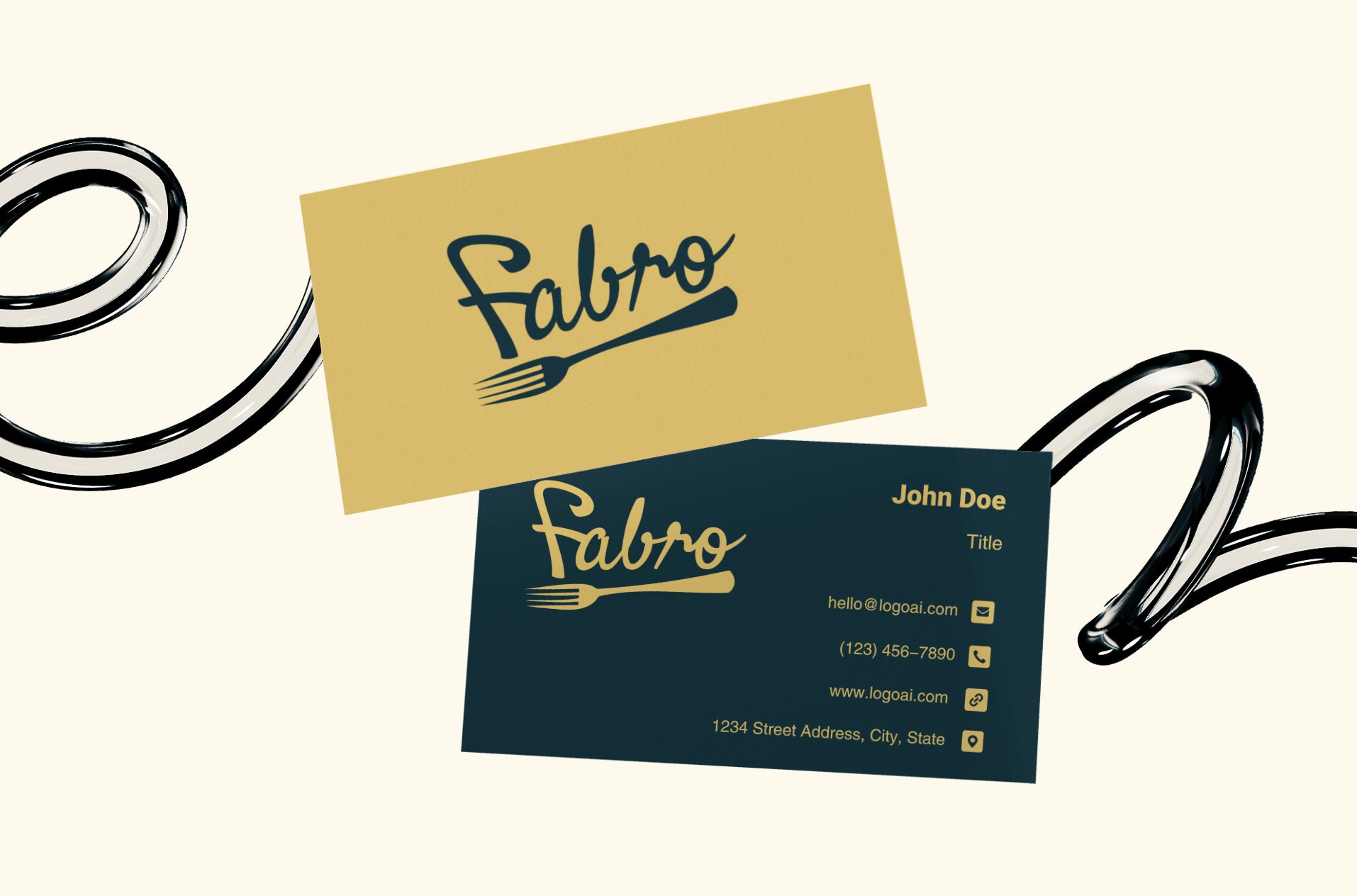 Fabro business cards in yellow and teal with a black pasta ribbon