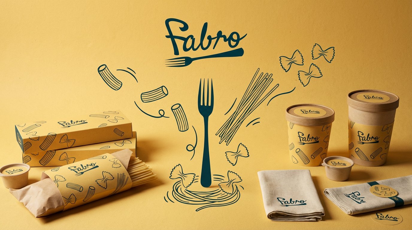Fabro packaging with line illustrations of pasta shapes and a fork