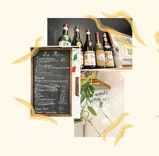 Collage: wine bottles, the chalkboard pasta menu and plants on white tiles
