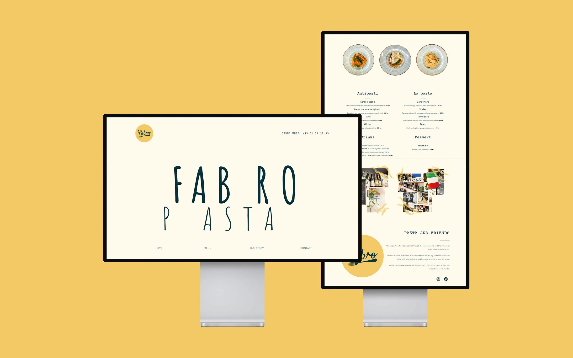 Fabro website on a desktop screen with the FABRO PASTA wordmark, and the menu page on a tall screen beside it