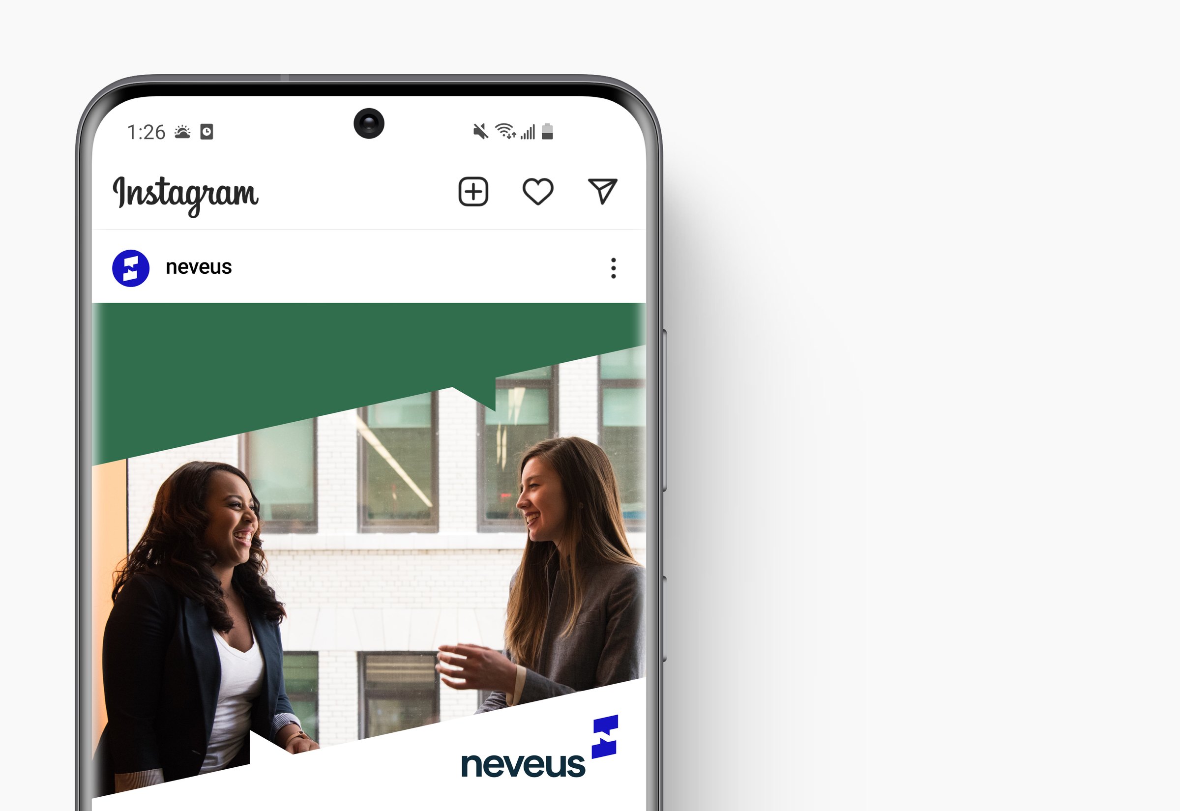 Neveus Instagram post on a phone, with the angled green brand device over a photo