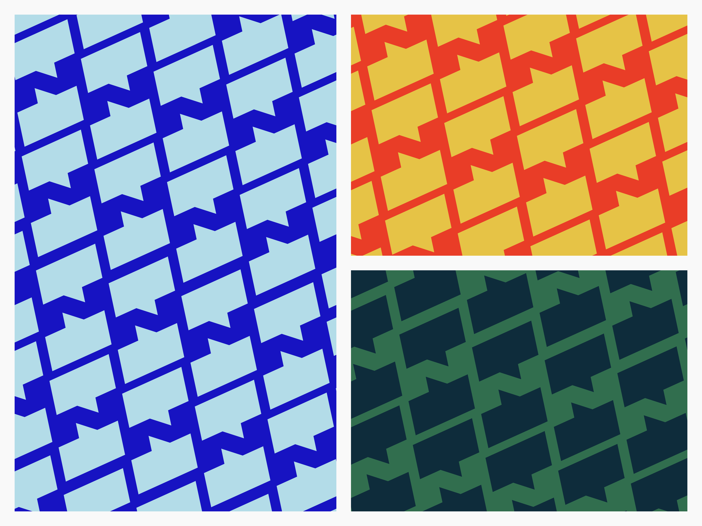 Three repeating patterns built from the speech-bubble shape in brand colour pairings