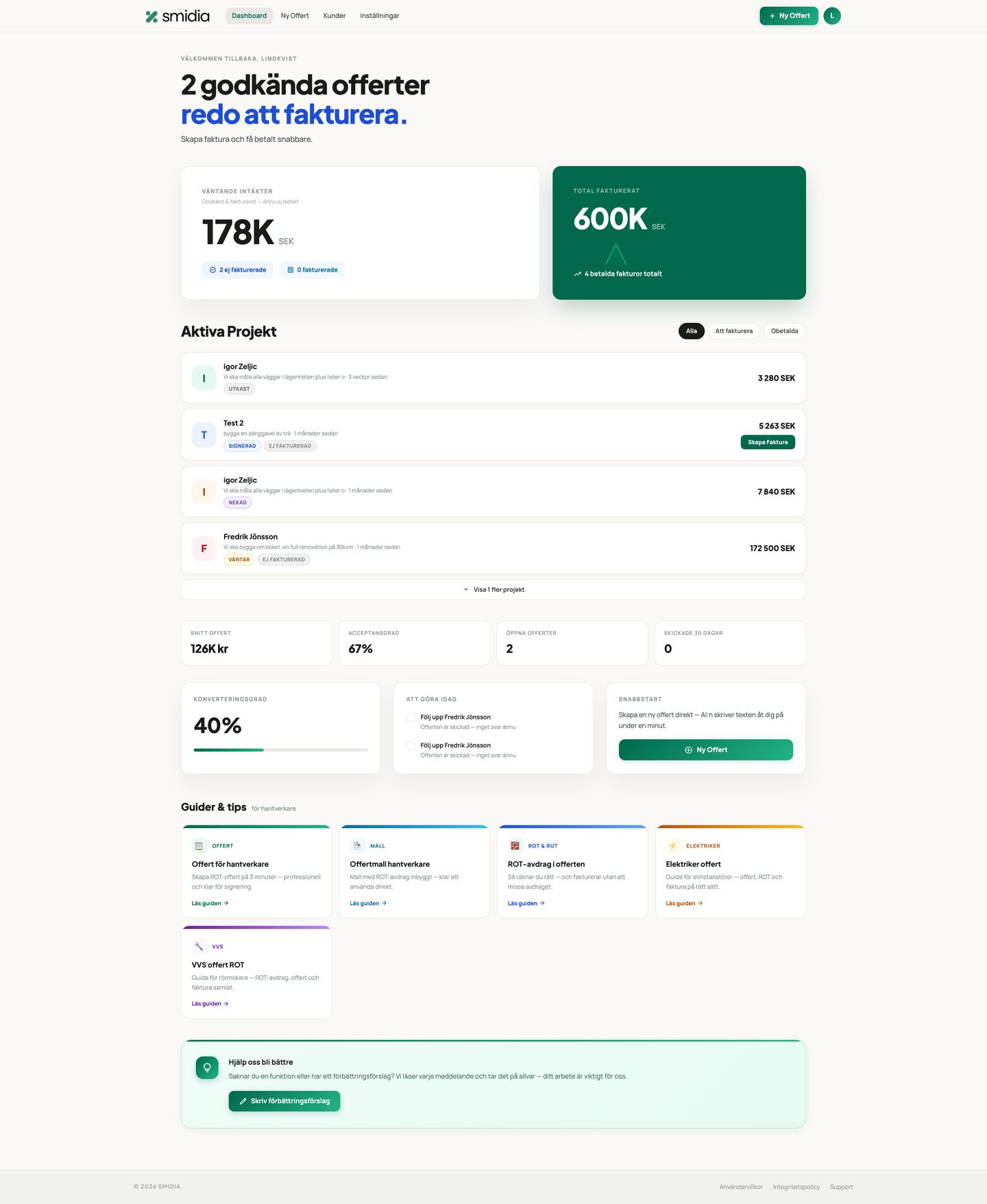 Smidia dashboard with approved quotes and active projects