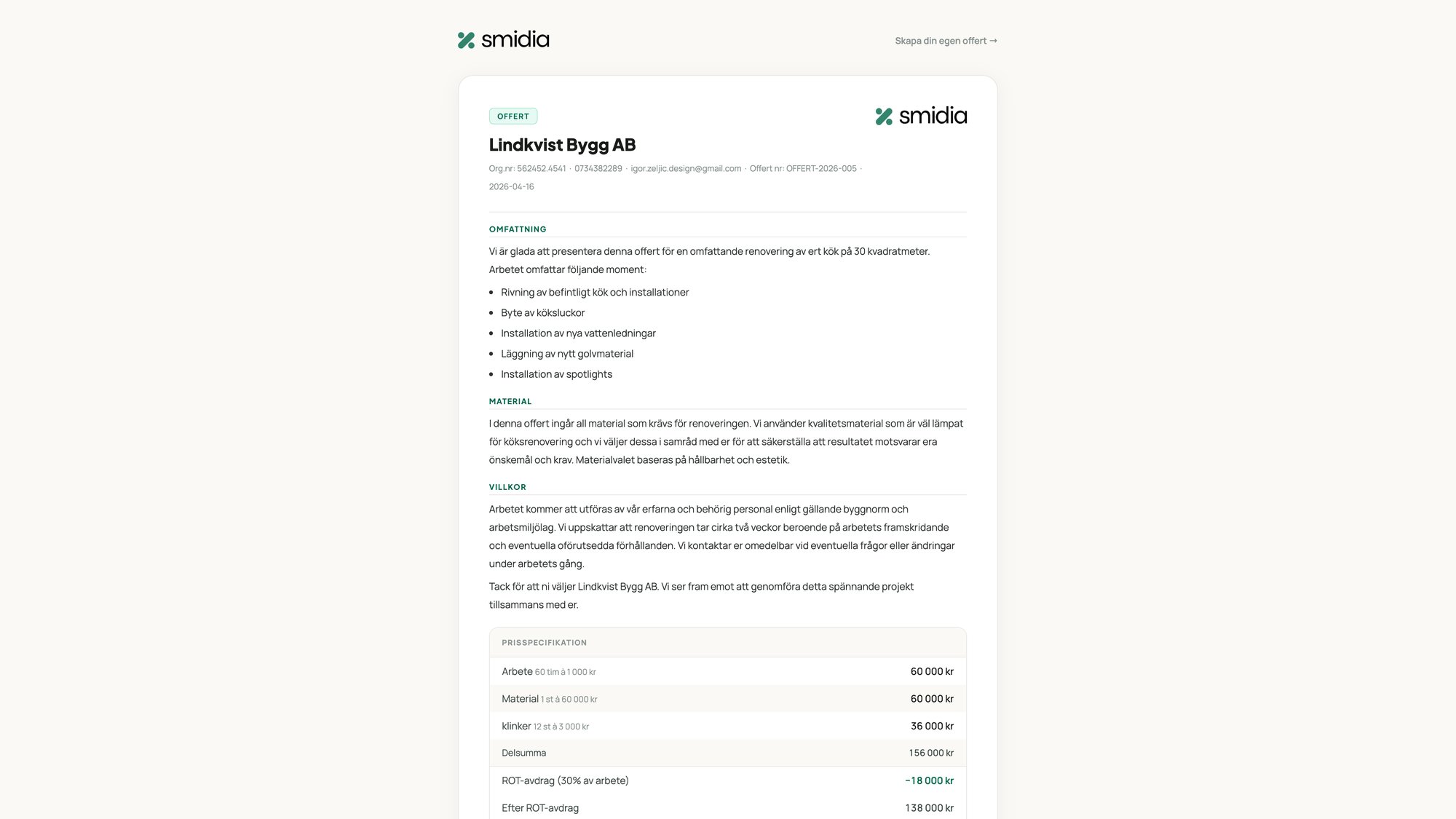 Finished Smidia quote document with company details, description and price summary