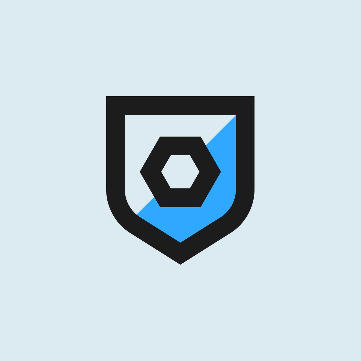 Shield icon with a hexagon and a blue diagonal