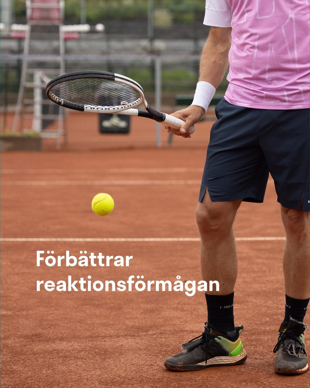 Slide 4: Improves reaction time, a senior tennis player bouncing a ball