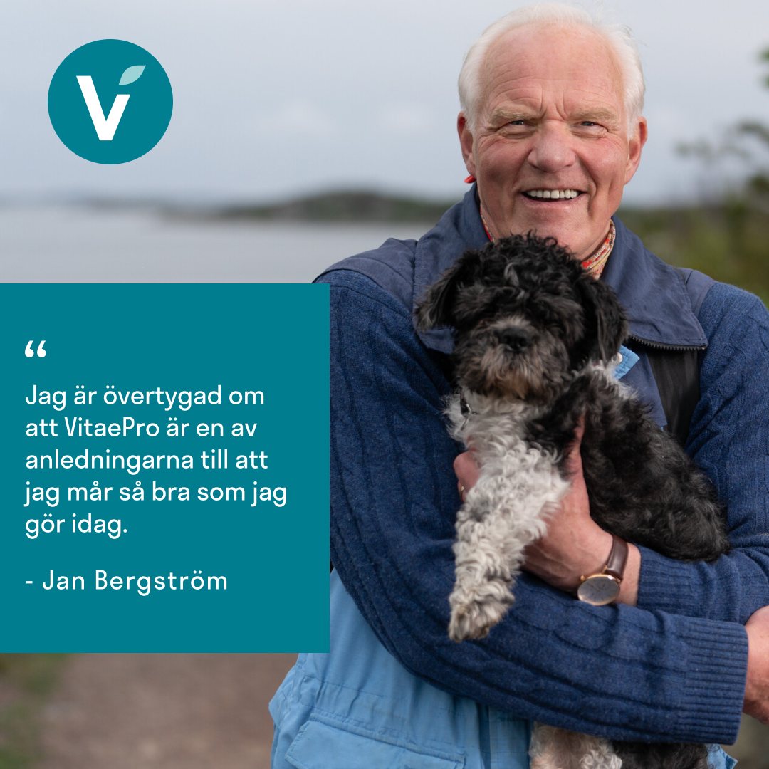 Testimonial banner: Jan Bergström holding his dog, with his quote on a teal panel